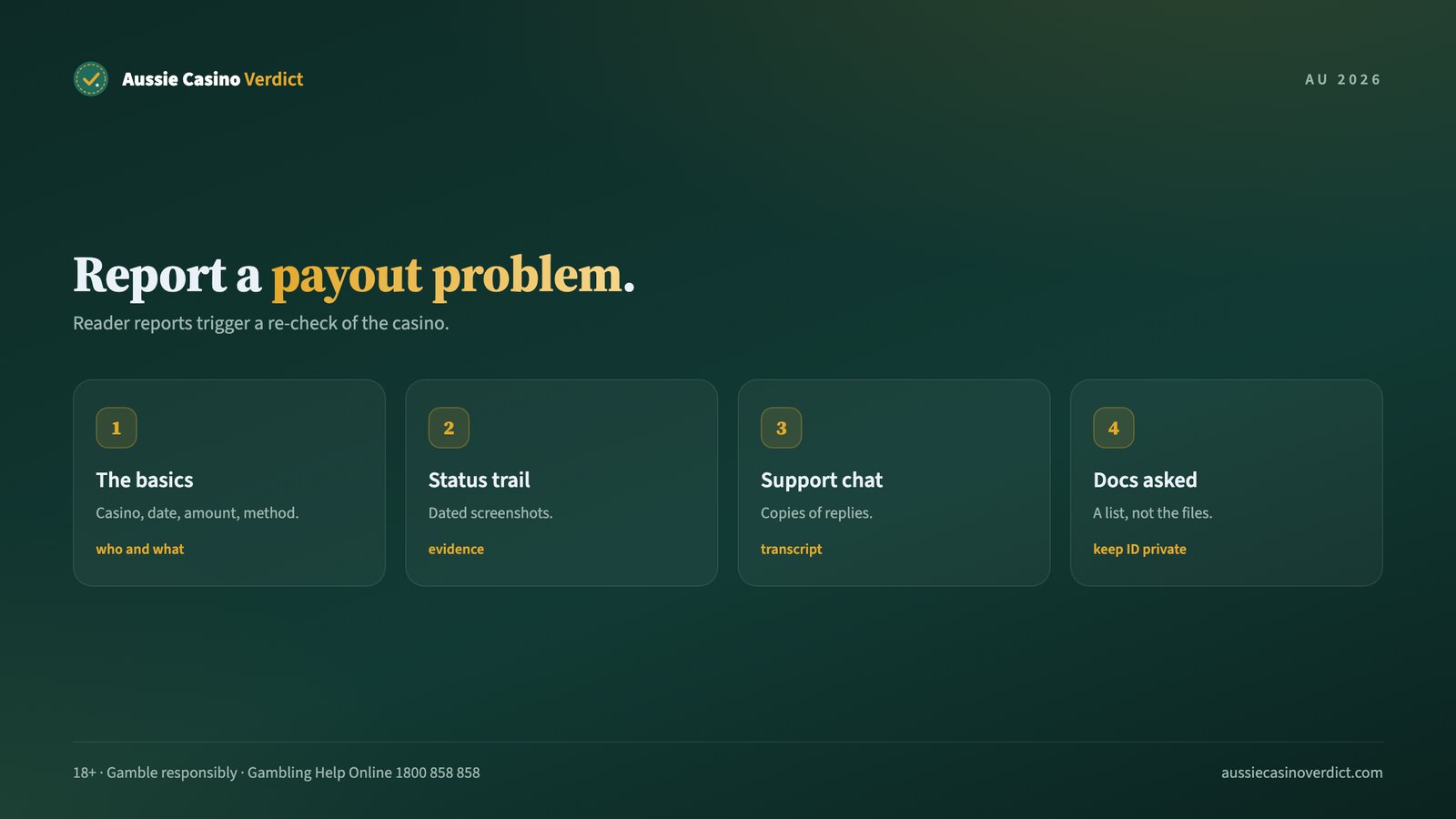 Four steps to report a casino payout problem: basics, status trail, support chat and documents asked