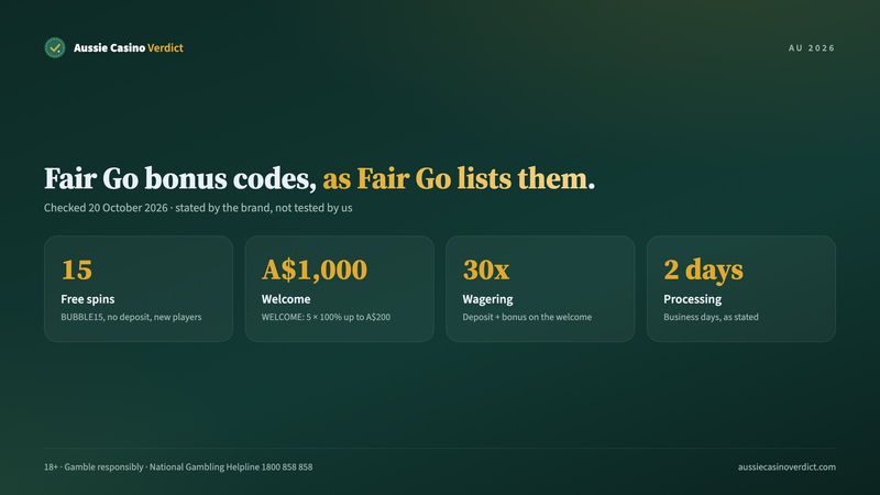 Fair Go casino no deposit bonus and welcome codes as listed on 20 October 2026