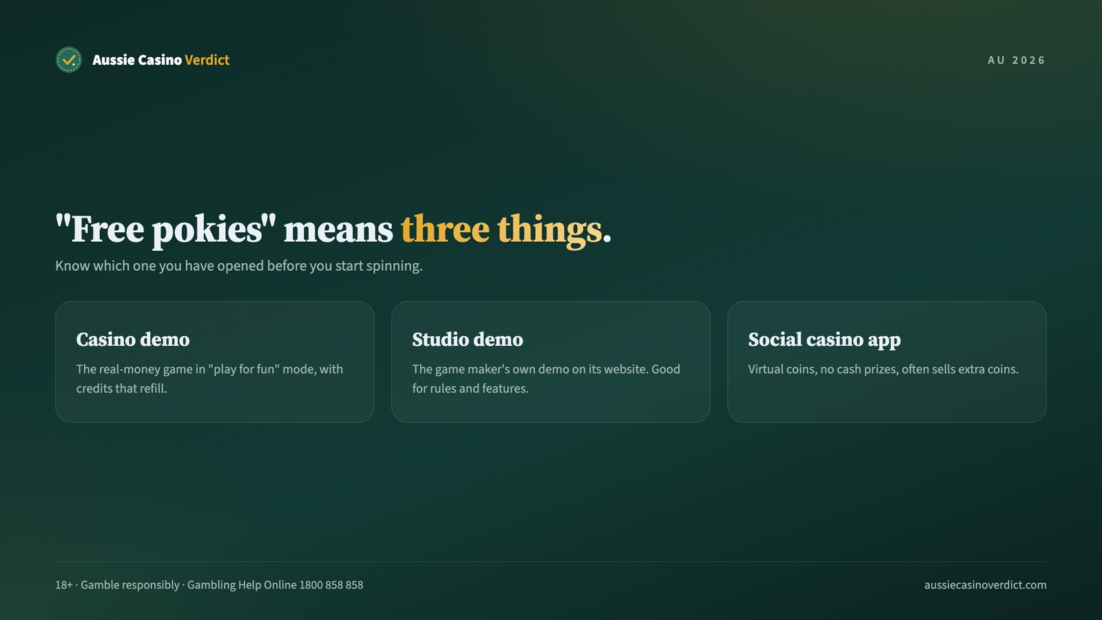 Three kinds of free online pokies: casino demo mode, studio demos and social casino apps