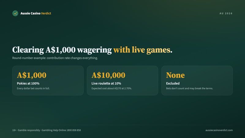 Bonus wagering contribution of live casino games versus pokies, worked example
