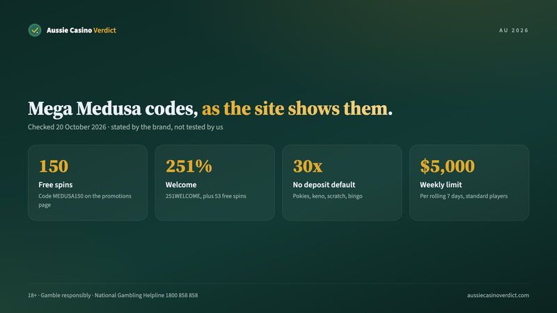 Mega Medusa casino no deposit bonus code MEDUSA150 and welcome code 251WELCOME