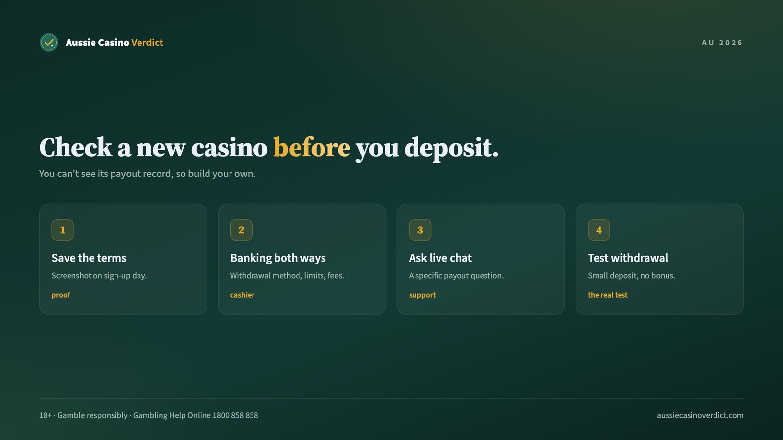 Checks to run on a new online casino before depositing: terms, banking, live chat and a small test withdrawal