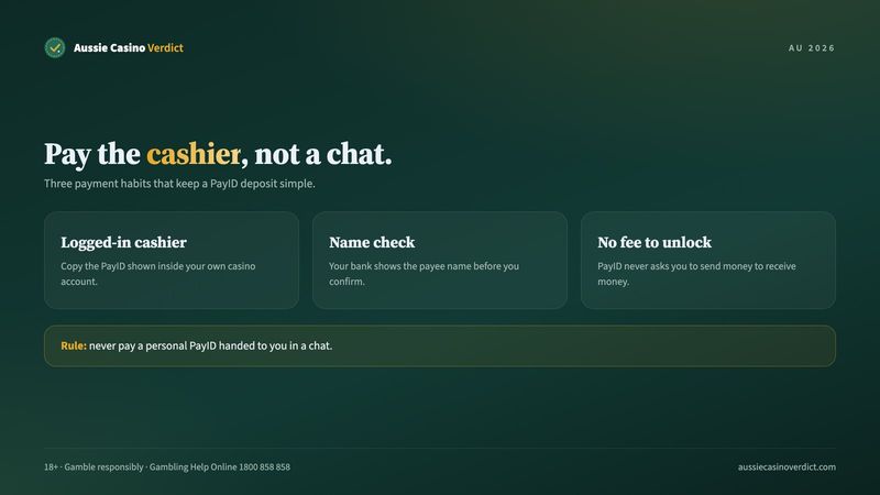 Safe payment habits at a PayID online casino: logged-in cashier, name check, no fee to unlock