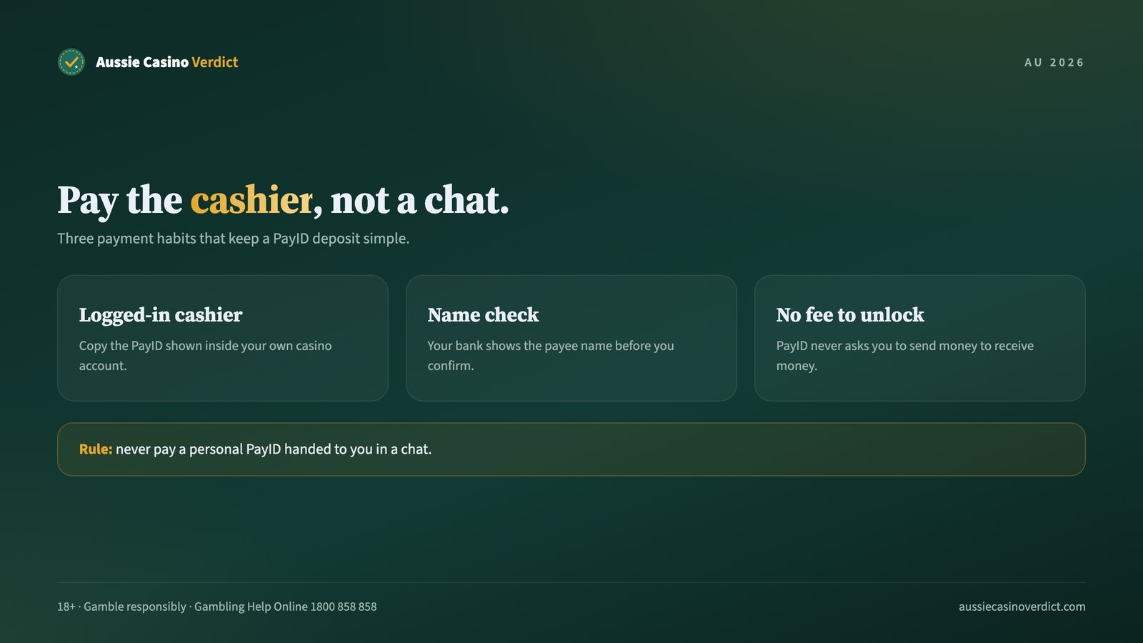 Safe payment habits at a PayID online casino: logged-in cashier, name check, no fee to unlock