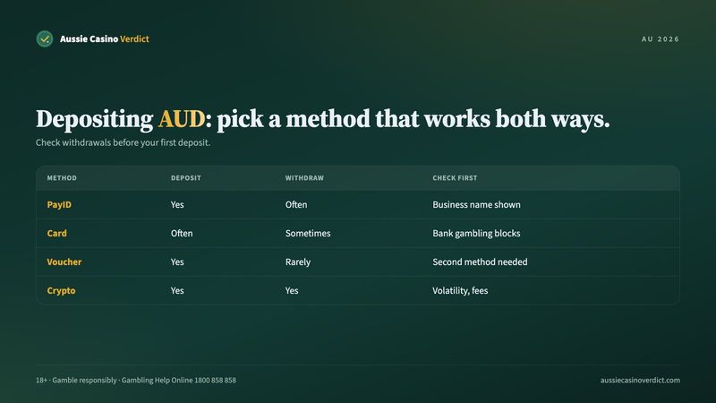 AUD deposit methods at a real money online casino: PayID, cards, vouchers and crypto